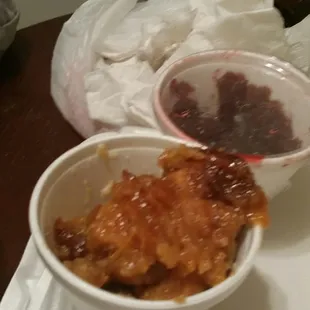 Peach cobbler hard as a brick with no peaches.