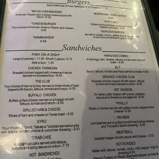 Burger/Sandwich Menu