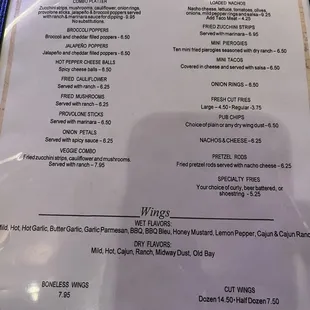 Appetizers and Wings Menu