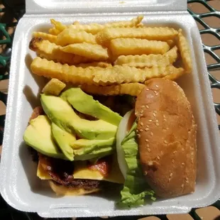Very good bacon and avocado burger with fries. Would get it again, especially at under $10!