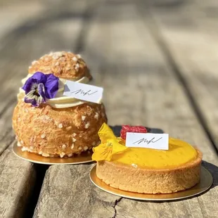 Cream puff and passion fruit tart.
