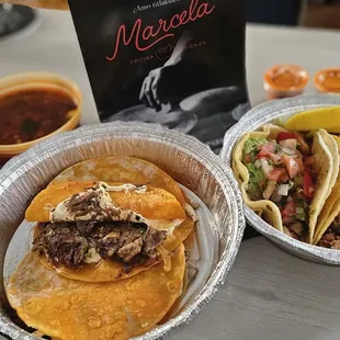 Mulitas with consume, fish taco, chorizo taco