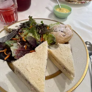 Chicken salad sandwich, salad, and scone!!! Very good