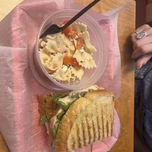 Chicken pesto panini &amp; bow tie pasta salad