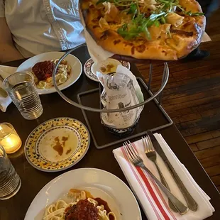 Meatball Alfredo, potato pizza