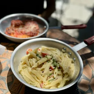 Special pasta of the day, penne with garlic cream sauce and pancetta