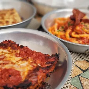 Front: Abruzzo Lasagna,  Back Right: Bucatini Pasta, Back Left Bianca Lasagna