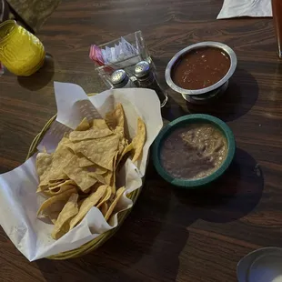 Chips Bean Dip and salsa