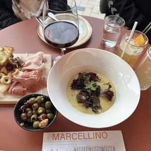 Cheese plate and warm olives and Polenta &amp; Funghi
