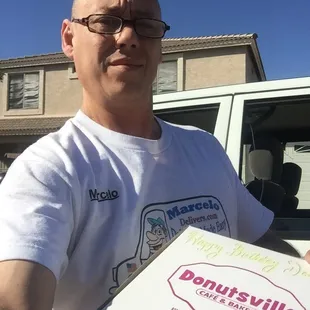 Delivering Donuts for a Birthday surprise for a valued customer.