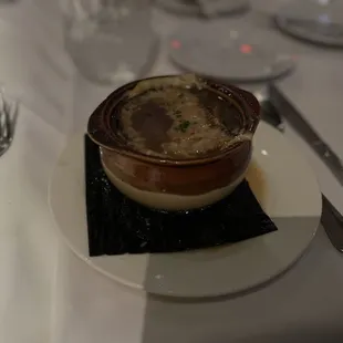 Dimly lit picture of the French Onion Soup