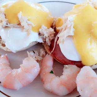 Crab Benedict with some shrimp on the side