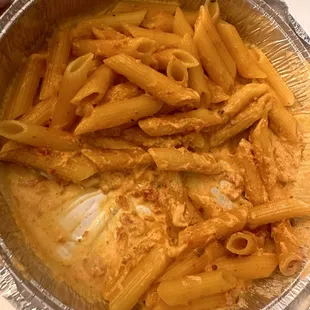 Penne a la vodka with meat (no meat was included)