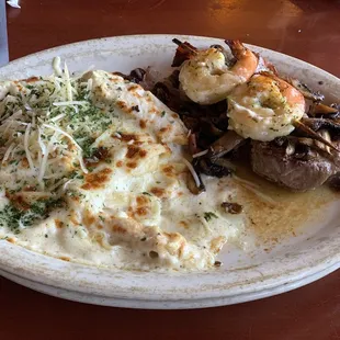 Medallion dinner - shrimp cooked well, steak was a little over done, chicken tasted like microwave chicken