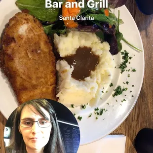 Breaded chicken mash potatoes with gravy and salad.- ask for this Czech lunch!