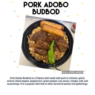 Pork adobo, Lumpia, Fried rice