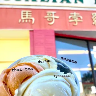 Durian, Thai Tea, Lychee, and Sesame!