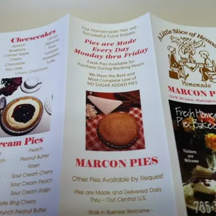 Menu of offered homemade pies