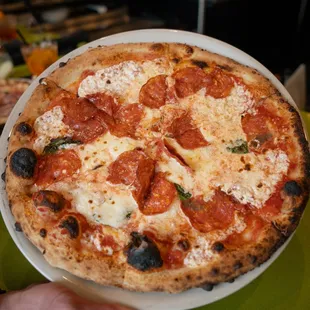 Margherita with spicy salami and ricotta