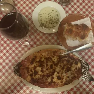 Lasagna and fresh baked rolls.