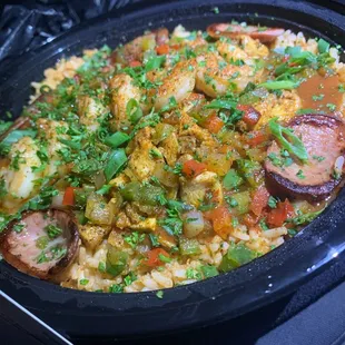 Chicken, Shrimp and Sausage Jambalaya.