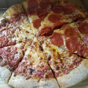 Half pepperoni. Decent tasting, but cut weird. They should just use the metal pizza guides I've seen in other places.