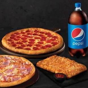 two pizzas and a soda