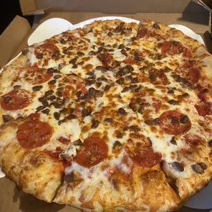 Large pepperoni, beef and extra cheese DELICIOUS!