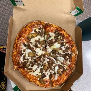 Small mushroom, onion and beef pizza