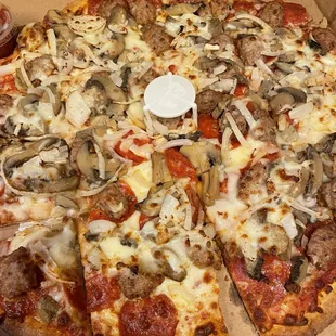 Pizza square cut as requested.