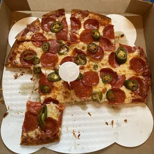 Pepperoni and jalapeños thin crust. (Thin crust apparently comes in squares) again not a disappointment.