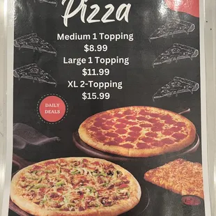 a menu for pizza