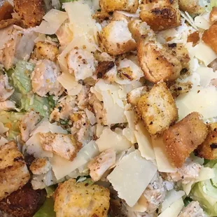 Chicken Caesar salad with tasty, snackable croutons.