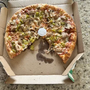 Mushroom, sausage and jalapeño pizza.