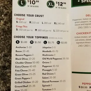 the price of the menu