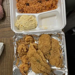 Catfish, shrimp, jambalaya and potato salad