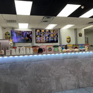 The counter showing different desserts etc.