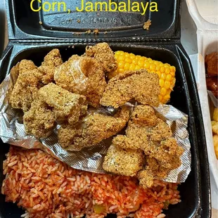 Catfish Nuggets, Jambalaya, Corn