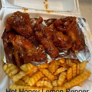 Hot Honey Lemon Pepper Wings, Fries