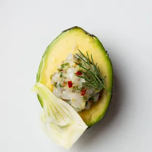 Avocado - spot prawn tartare, fennel, calabrian chilies, tarragon. appetizer at Marea Beverly Hills