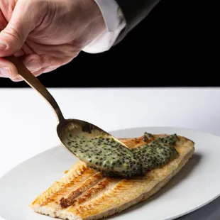 Sogliola - pan-seared wild dover sole with caviale: kaluga caviar, butter, chive. seafood at Marea Beverly Hills