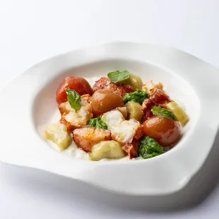 Astice - lobster, burrata, tomato, eggplant, basil, eggplant al funghetto. appetizer at Marea Beverly Hills