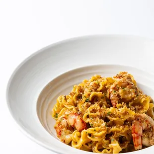 Mafaldine Granchio Reale - shrimp, garlic, lemon, parsley, mollica -handmade pasta at Marea Beverly Hills