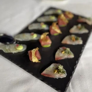 crudo di tonmo, crudo di hamachi, and crudo di passera