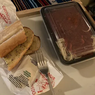 Before i dug in; 3 pieces of bread and half lasagna &amp; spaghetti