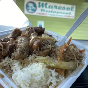 Chicken adobo, pancit, lumpia.