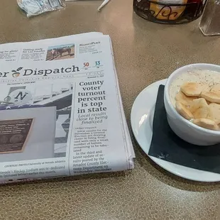 The chowder went great with the pastrami and a good read.