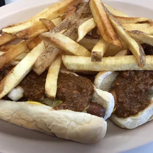 2 hot dogs all the way (chili, onion, mustard) with fries combo