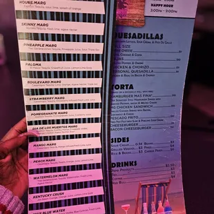 the menu for margarita cocktails