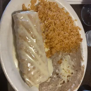 Chicken chimichanga, rice and beans